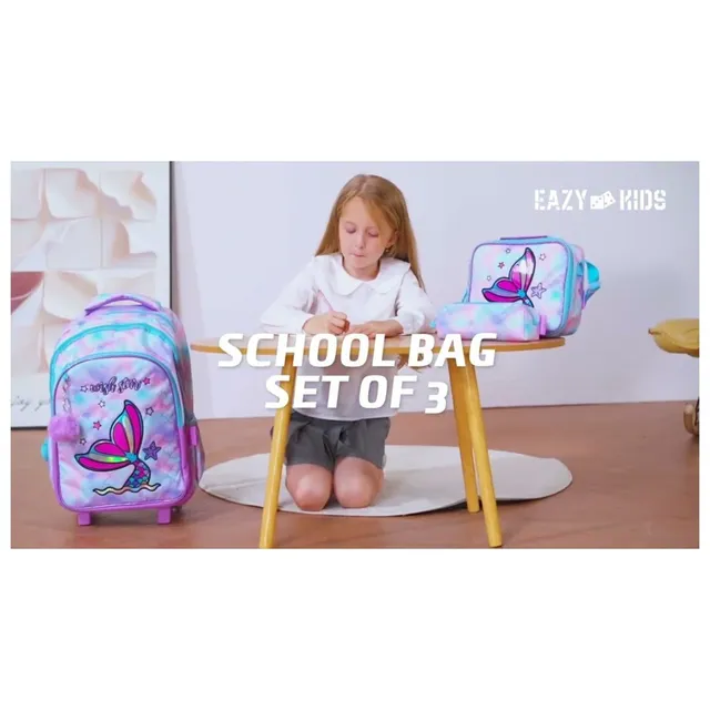Eazy kids – 18Inch Set of 3 Trolley School Bag with Lunch Bag and Pencil Case Mermaid – Purple