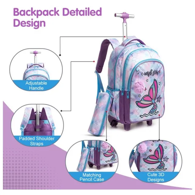 Eazy kids – 18Inch Set of 3 Trolley School Bag with Lunch Bag and Pencil Case Mermaid – Purple