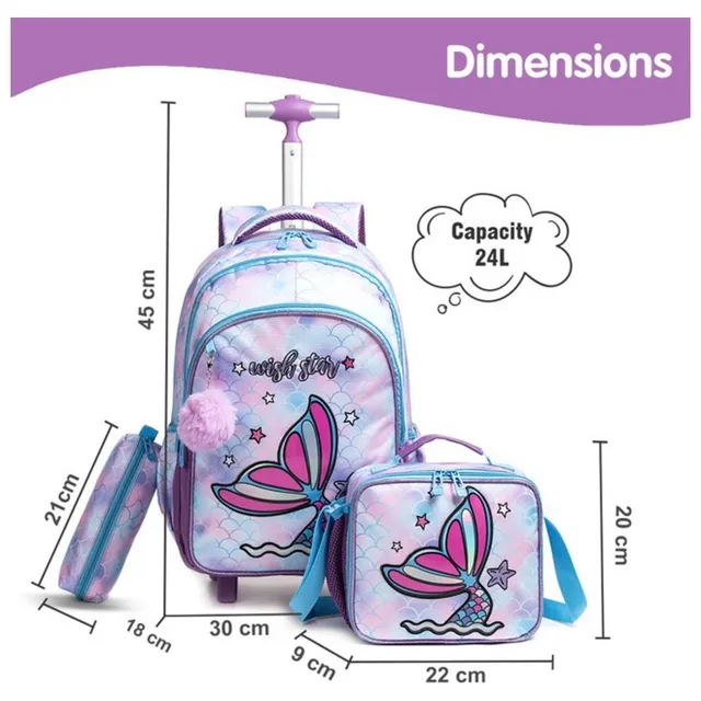 Eazy kids – 18Inch Set of 3 Trolley School Bag with Lunch Bag and Pencil Case Mermaid – Purple