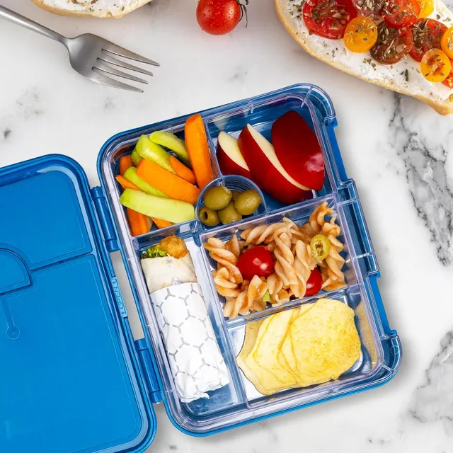 Eazy kids - 6 & 4 Convertible Bento Lunch Box with Sandwich Cutter Set - T-Rex Blue