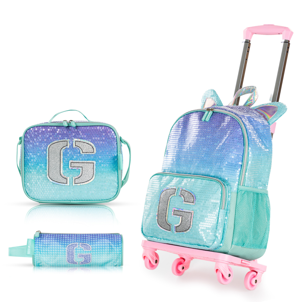 Eazy Kids - 17-Inch Backpack W/ Lunch Bag & Pencil Case - Set of 4 -Girl Glitter Green