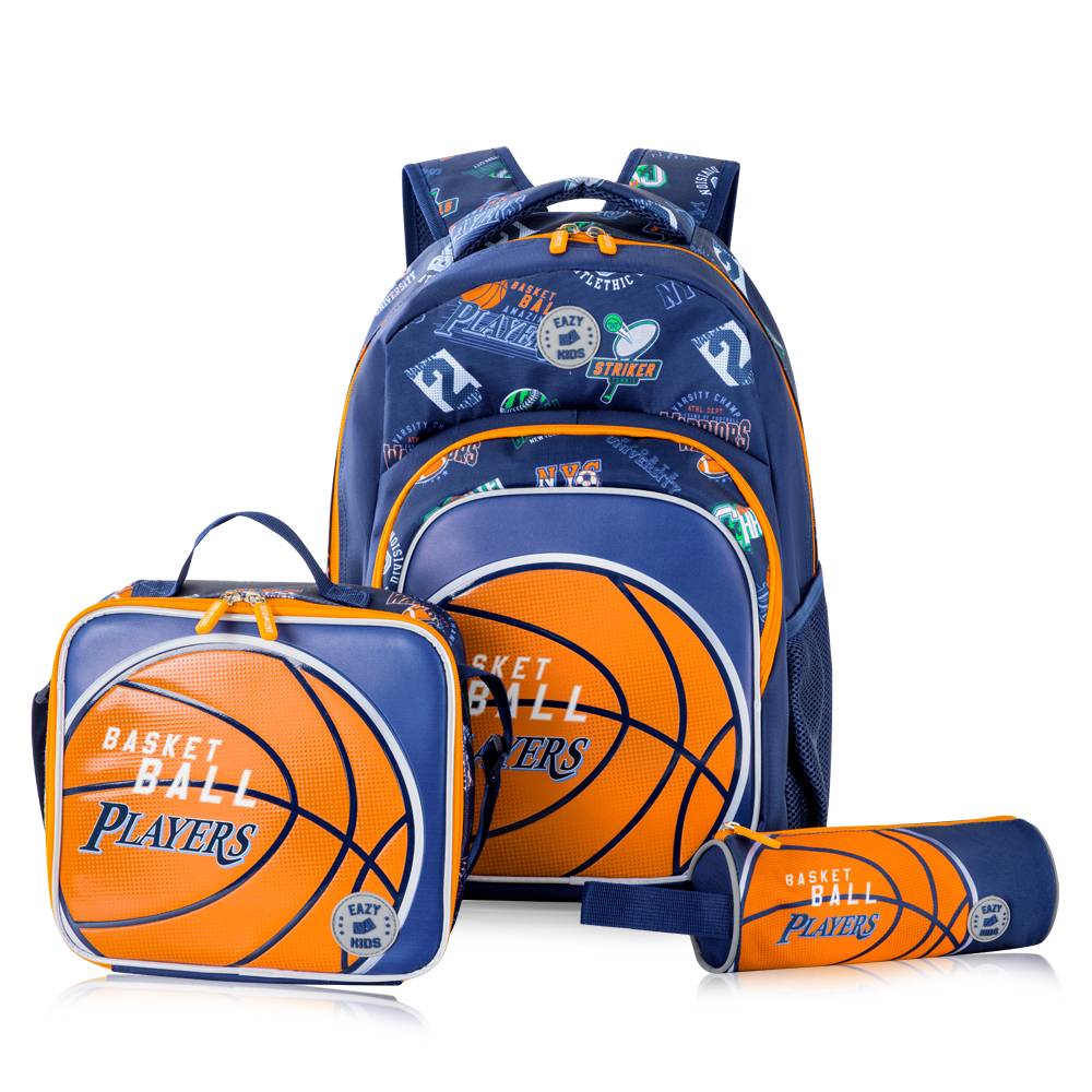 Eazy Kids - 18Inch- Set of 4 Backpack w/ Water Bottle, Lunch Bag and Pencil Case - Basket Ball