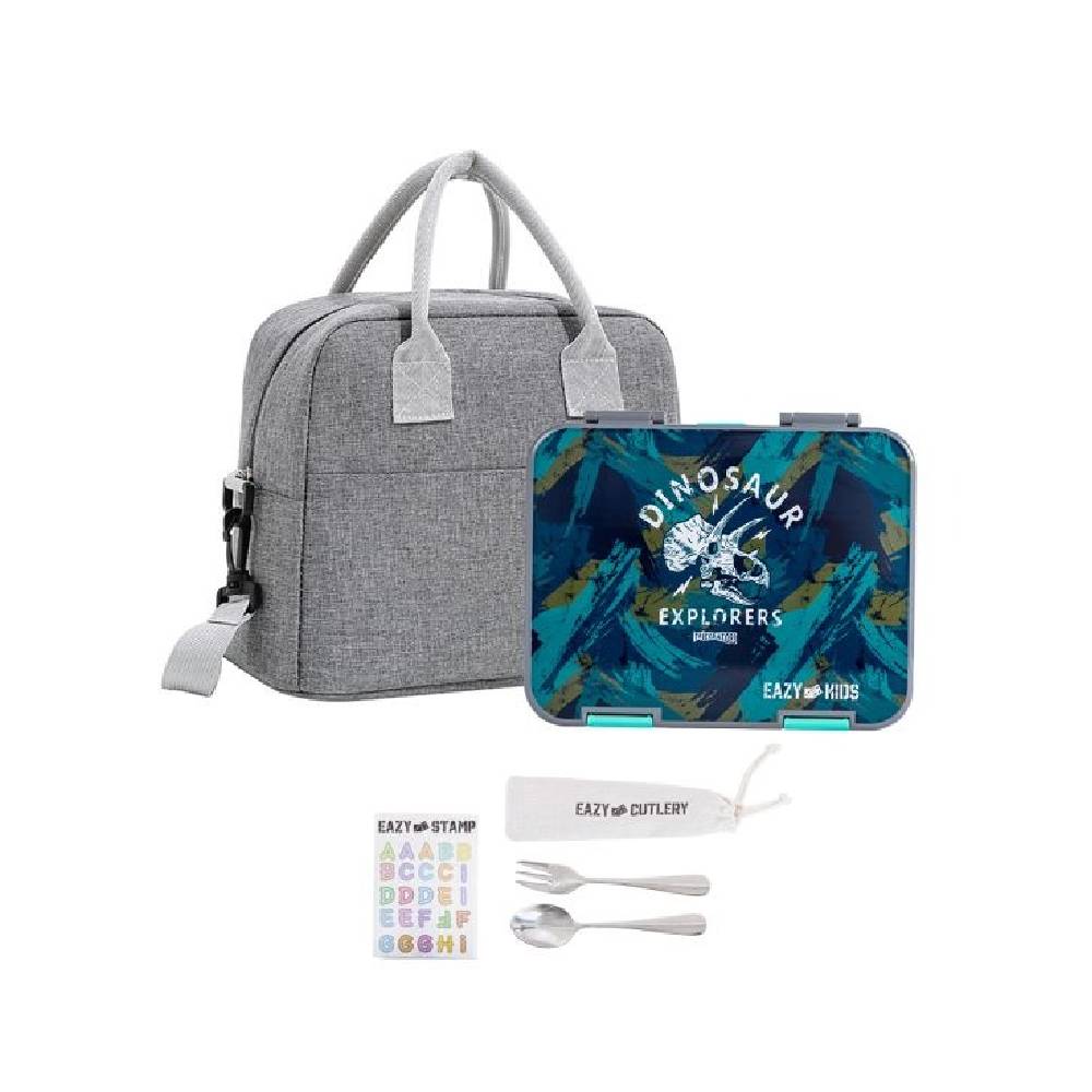 Eazy Kids - 6 & 4 Convertible Bento Lunch Box Set - T-Rex Grey