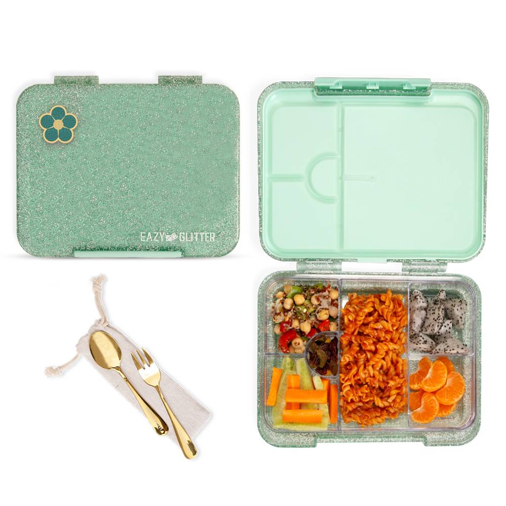 Eazy Kids - 6 & 4 Convertible Bento Lunch Box w/ Water Bottle - Glitter Green