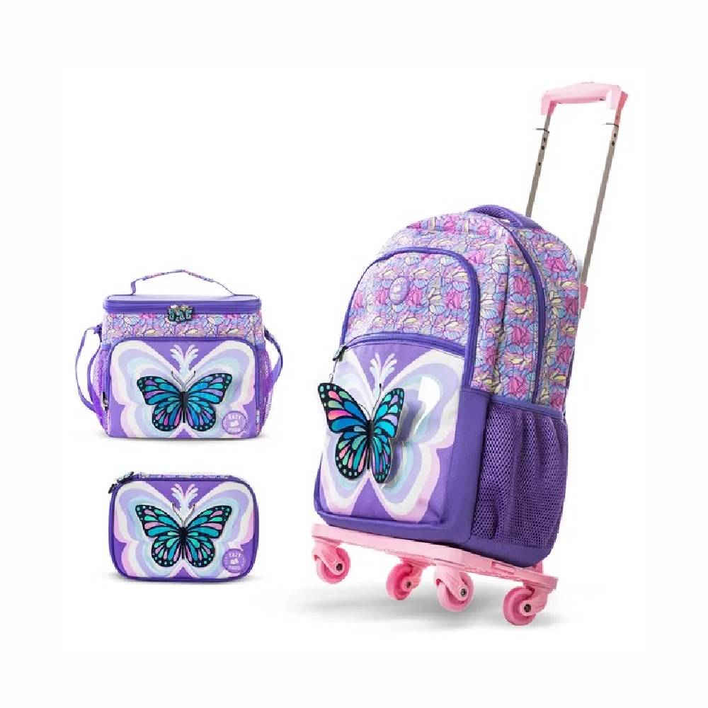 Eazy Kids - Backpack With Trolley, Pencil Case & Lunch Bag Set - 3D Butterfly Purple