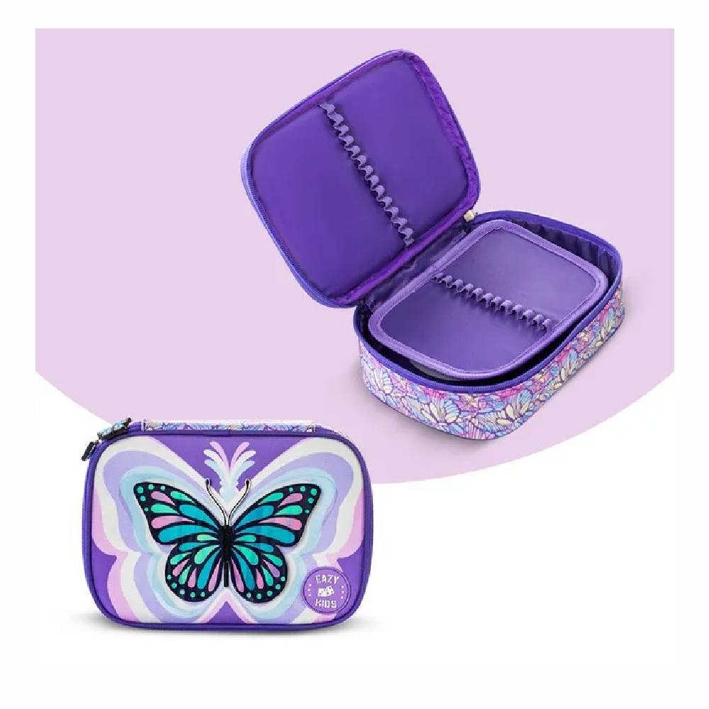 Eazy Kids - Backpack With Trolley, Pencil Case & Lunch Bag Set - 3D Butterfly Purple