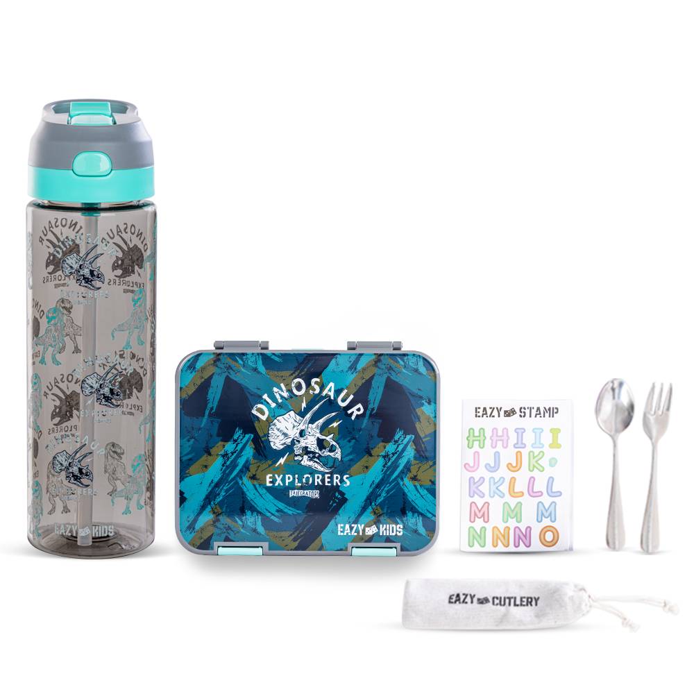 Eazy Kids - Bento Lunch Box w/ Water Bottle 750ml, Steel Spoon & Fork Set and Alphabets Sticker - T-Rex Grey