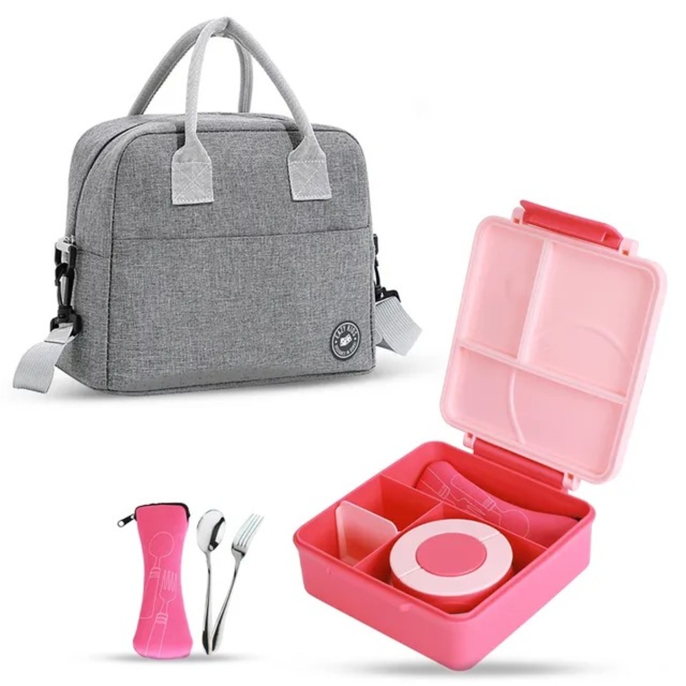 Eazy Kids - Jumbo Bento Lunch Box with Grey Lunch Bag - Food Jar and Cutlery - Pink
