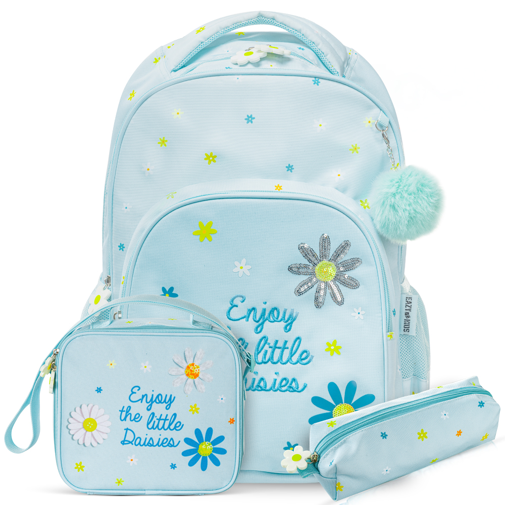 Eazy Kids - School Bag Set of 3 w/Lunch Bag and Pencil Pouch - 17Inch - Little Daisy Green
