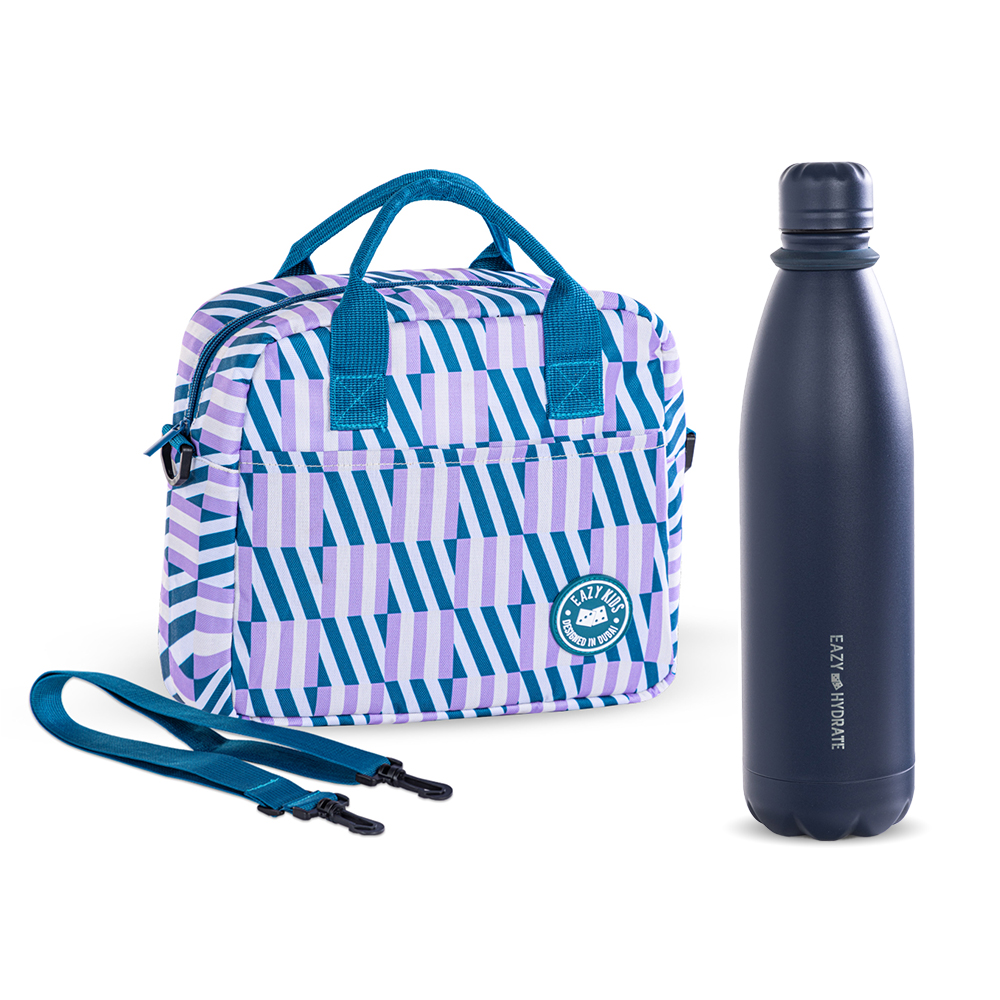 Eazy Kids - Steel Water Bottle w/ Lunch Bag - 1L Blue