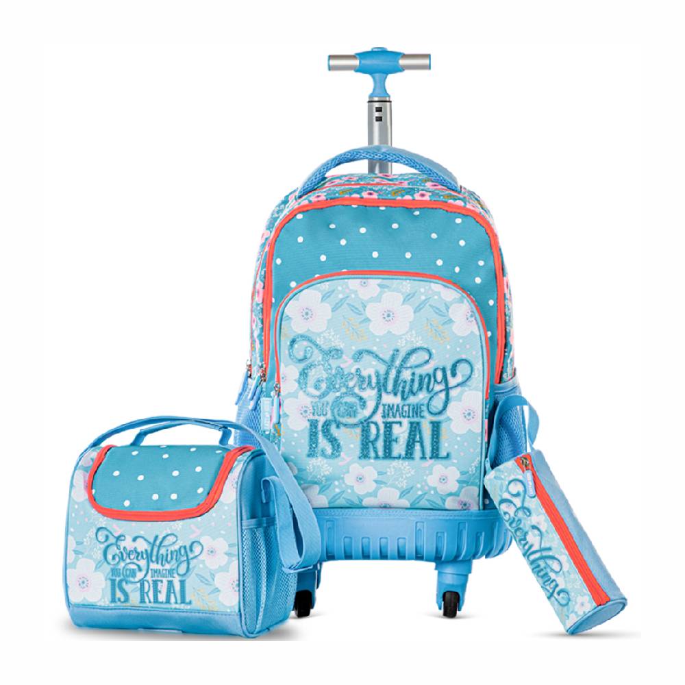 Eazy Kids - Trolley School Set w/Lunch Bag and Pencil case - 18Inch - Flora Edition