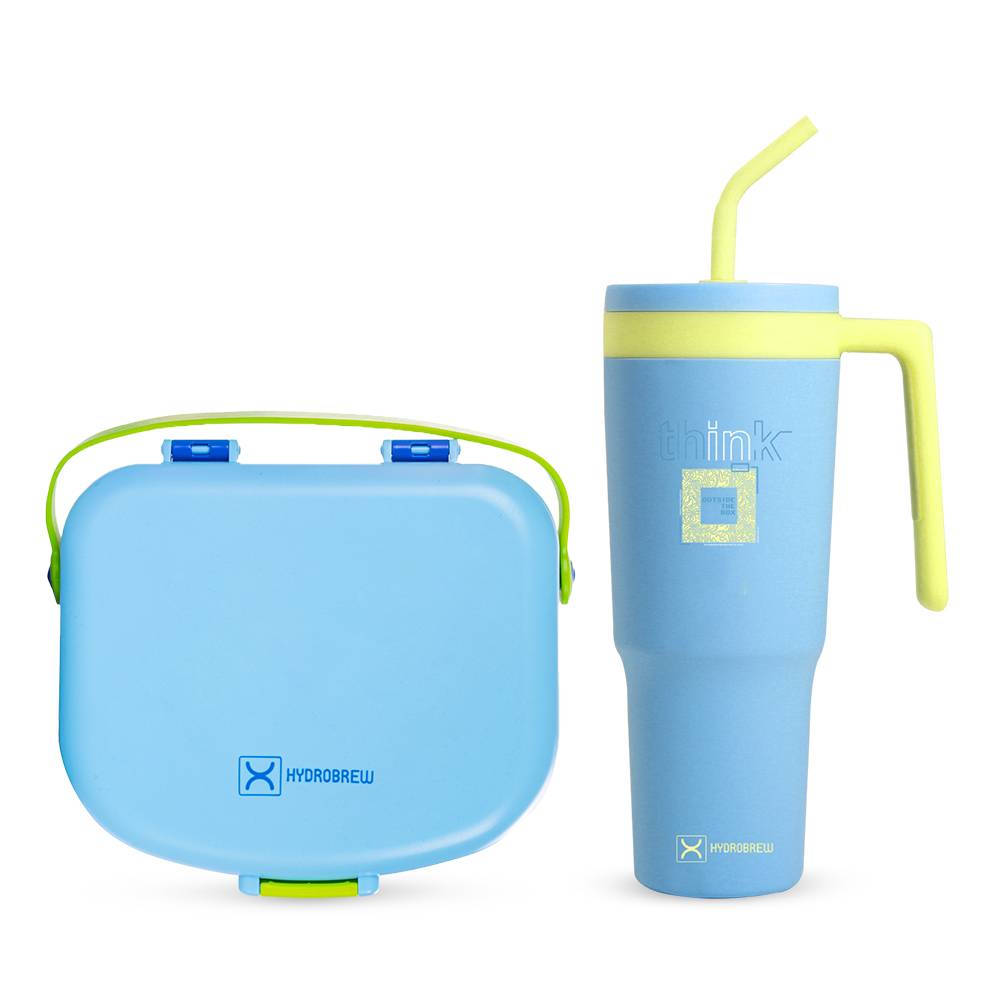 Hydrobrew - 4 Compartment Bento Lunch Box w/ Steel Water Tumbler Bottle & Spoon & Fork Set - Cobalt