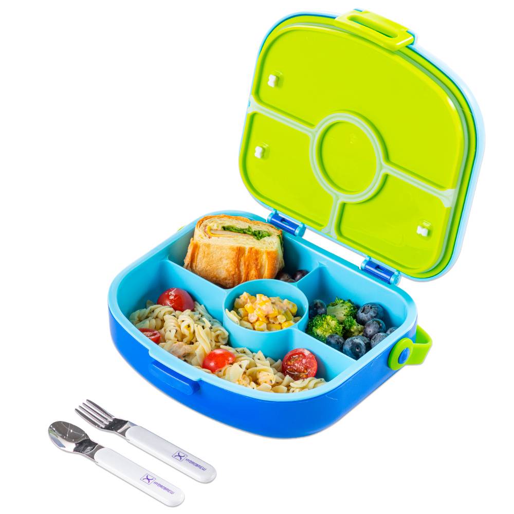 Hydrobrew - 4 Compartment Bento Lunch Box w/ Steel Water Tumbler Bottle & Spoon & Fork Set - Cobalt