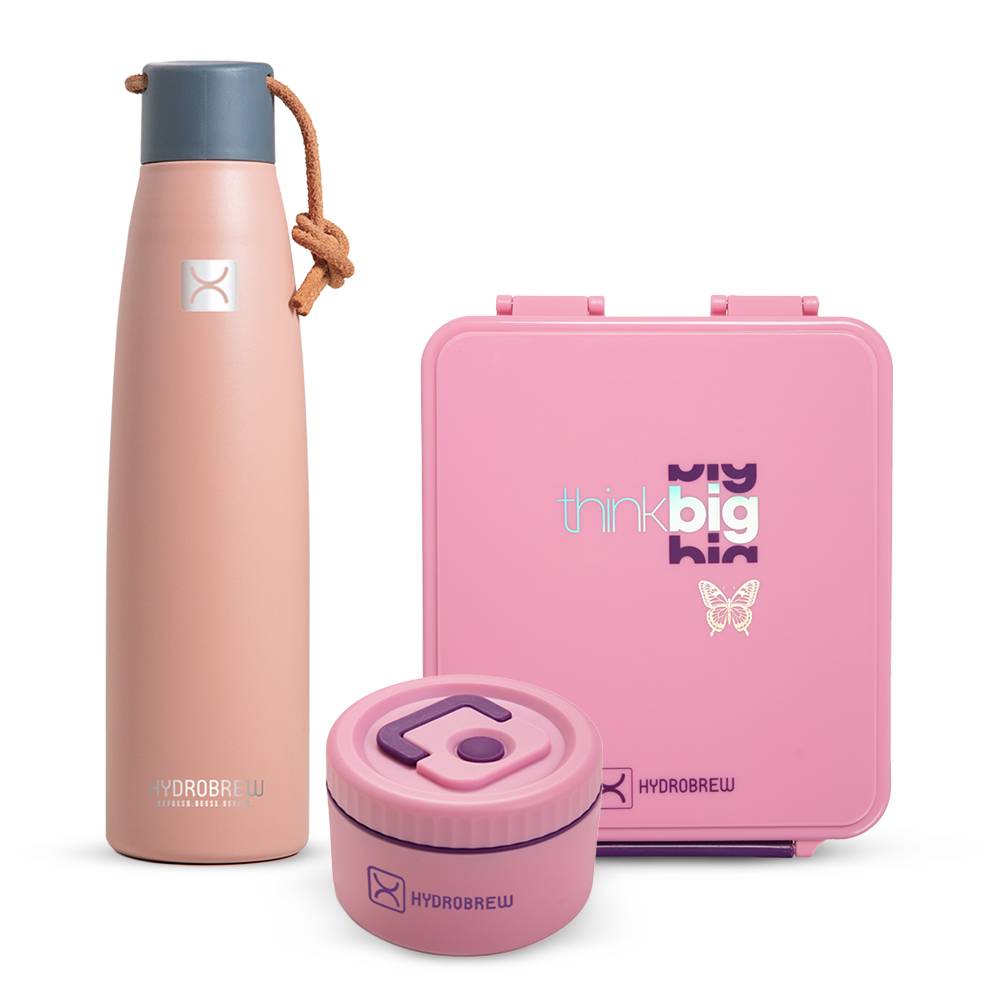 Hydrobrew - Bento Lunch Box w/ Steel Water Bottle & Food Jar - Think Big Blush