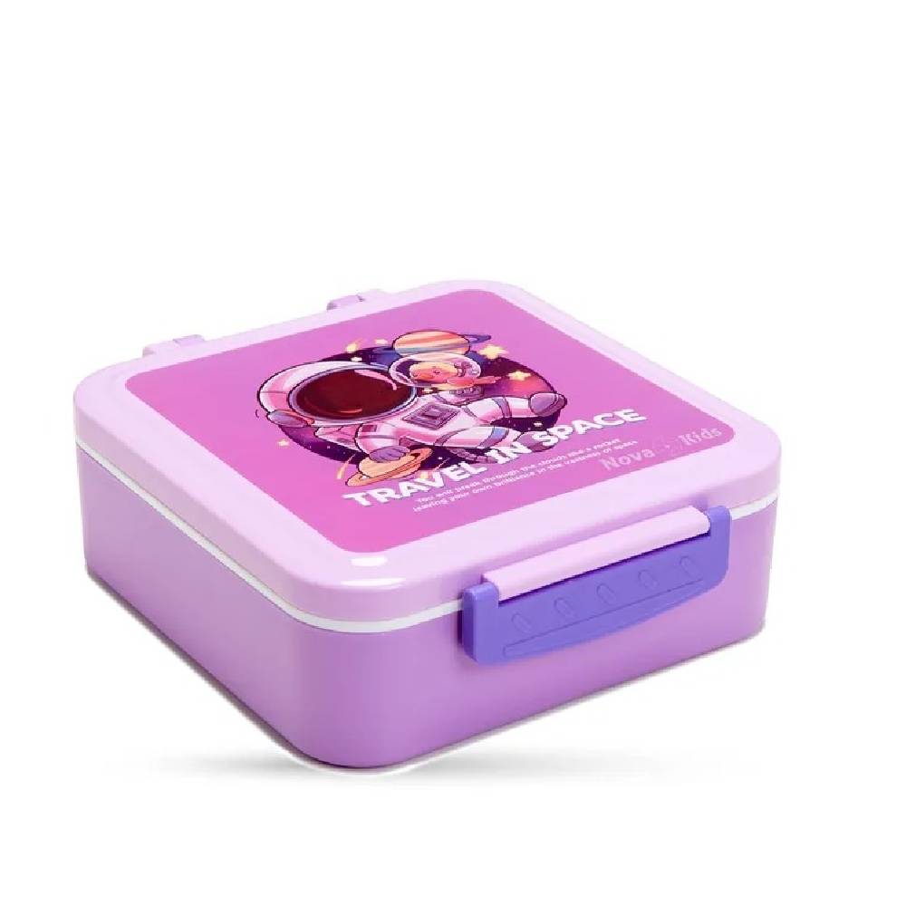Nova Kids - 3 Compartment Bento Lunch Box w/Spoon & Fork Set and Stainless Steel Gravy Box - Astronaut Purple