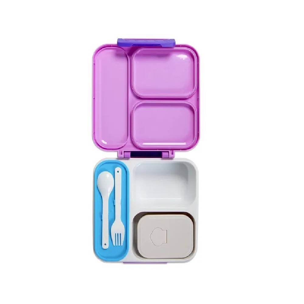 Nova Kids - 3 Compartment Bento Lunch Box w/Spoon & Fork Set and Stainless Steel Gravy Box - Astronaut Purple