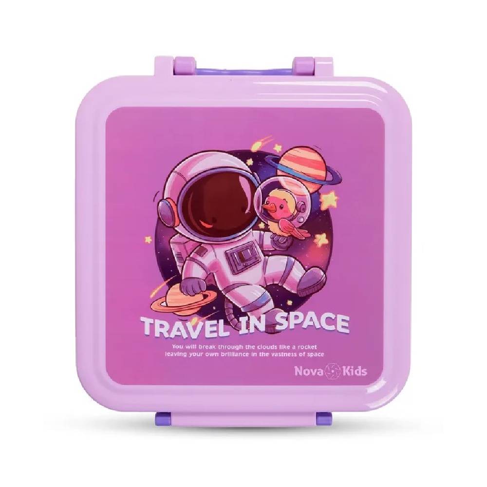 Nova Kids – 3 Compartment Bento Lunch Box w/Spoon & Fork Set and Stainless Steel Gravy Box – Astronaut Purple