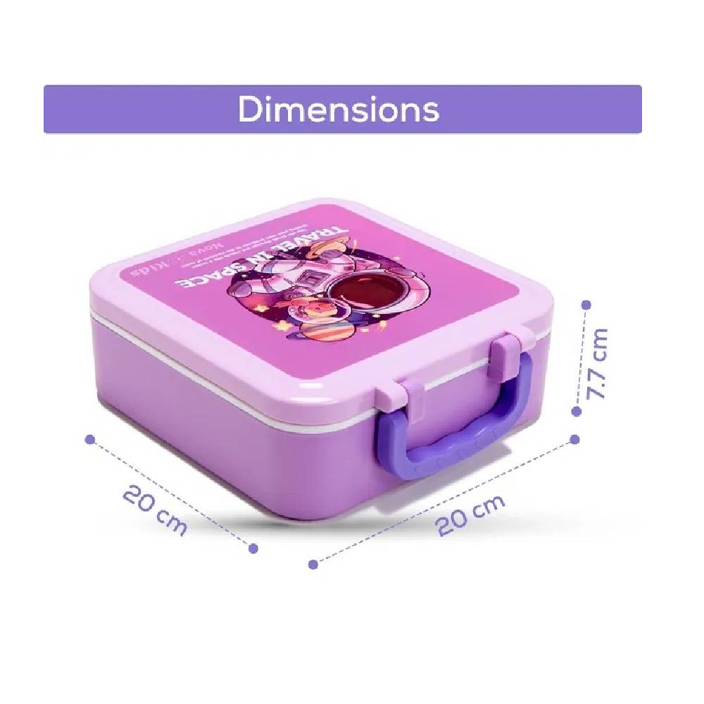 Nova Kids – 3 Compartment Bento Lunch Box w/Spoon & Fork Set and Stainless Steel Gravy Box – Astronaut Purple