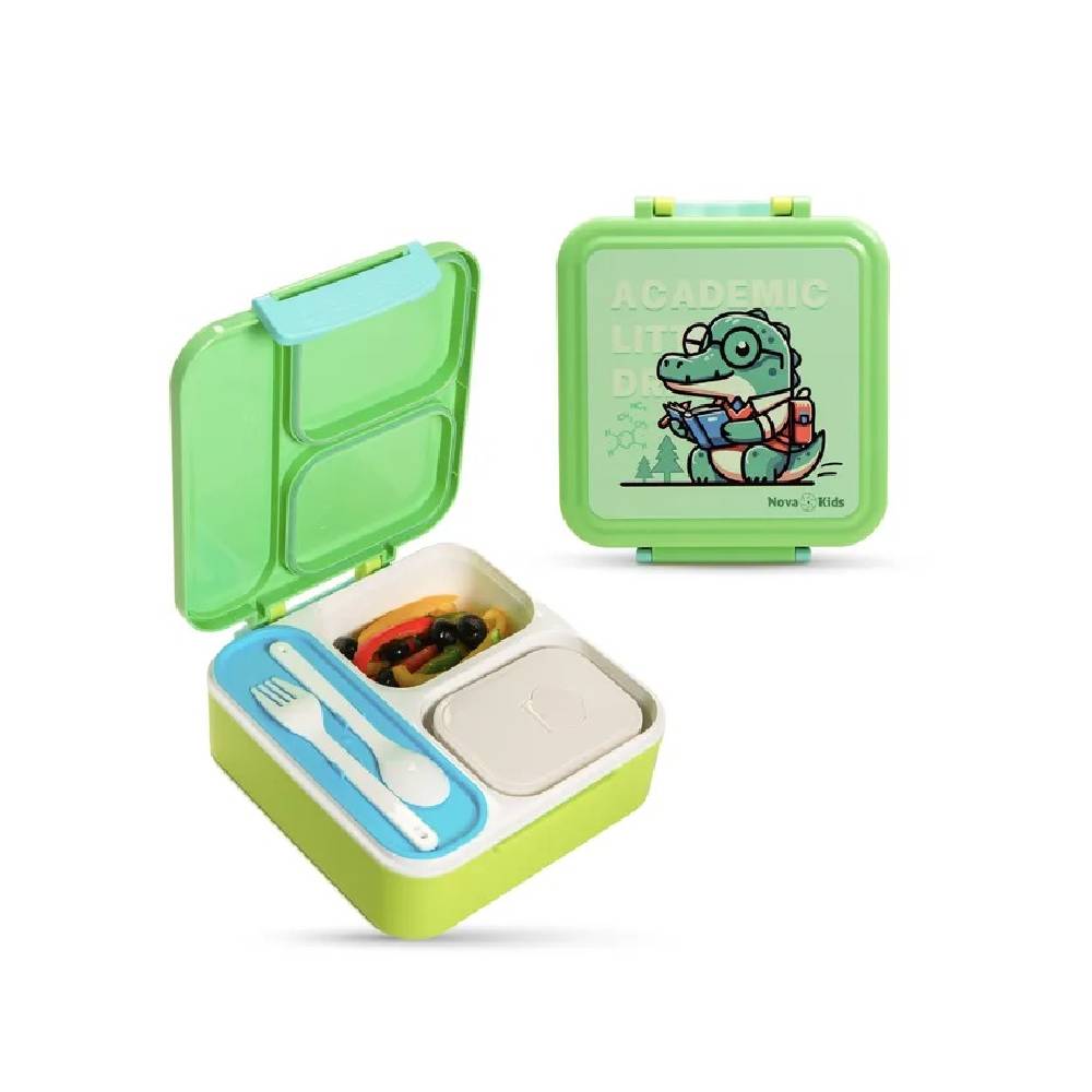 Nova Kids - 3 Compartment Bento Lunch Box w/Spoon & Fork Set and Stainless Steel Gravy Box - Dino Green