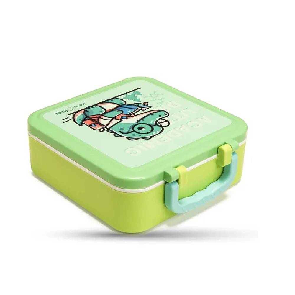 Nova Kids - 3 Compartment Bento Lunch Box w/Spoon & Fork Set and Stainless Steel Gravy Box - Dino Green