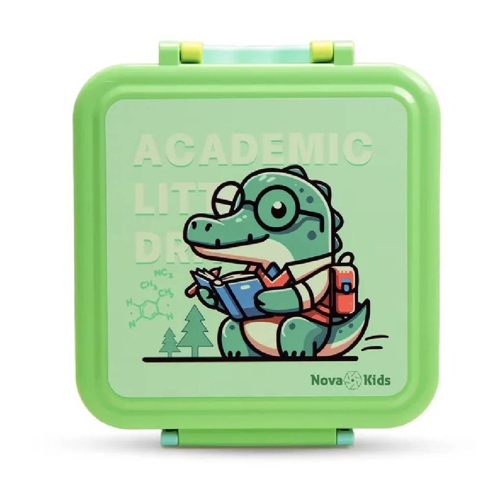 Nova Kids - 3 Compartment Bento Lunch Box w/Spoon & Fork Set and Stainless Steel Gravy Box - Dino Green