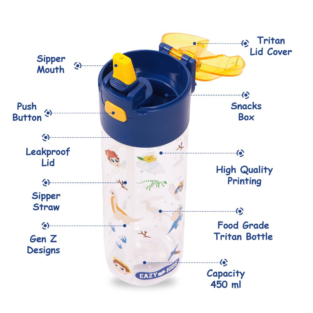 Eazy Kids – T-Rex Tritan Water Bottle with Snack Box 450ml – Blue