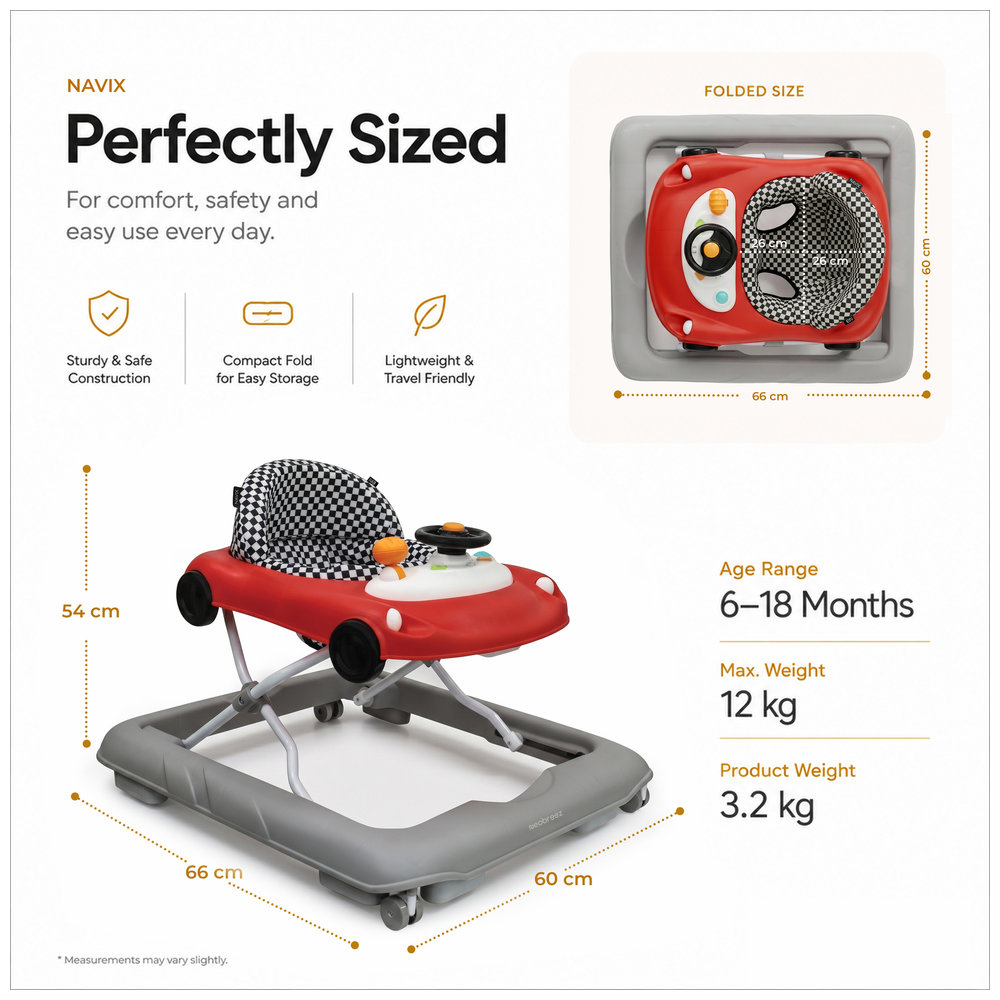 Neobreez – Navix 3-in-1 Baby Walker With Music & Lights – Red/Grey