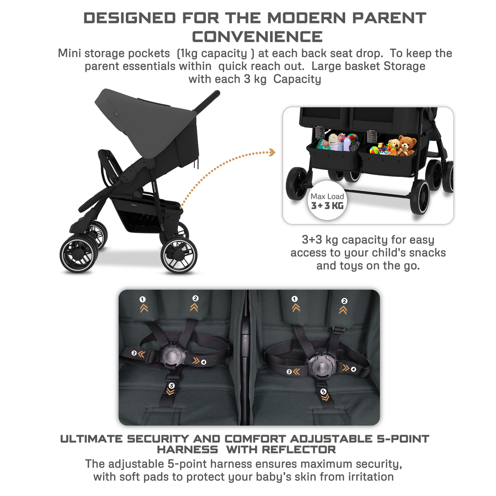 Neobreez – Duadx Twin Double Stroller – Grey/Black