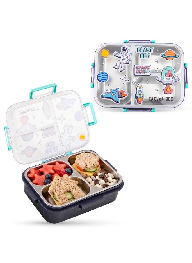 Eazy Kids Personalized 3 Compartment Stainless Steel bento Lunch Box - Space out 800ml - Blue