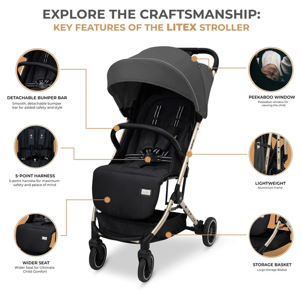 Neobreez – Litex Compact Cabin Stroller Travel Stroller – Grey Black With Gold Frame