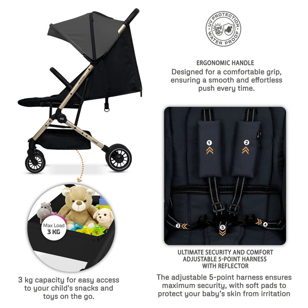 Neobreez – Litex Compact Cabin Stroller Travel Stroller – Grey Black With Gold Frame