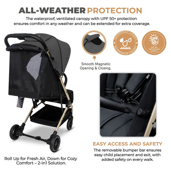 Neobreez – Litex Compact Cabin Stroller Travel Stroller – Grey Black With Gold Frame
