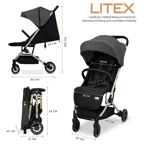 Neobreez – Litex Compact Cabin Stroller Travel Stroller – Grey Black With Gold Frame