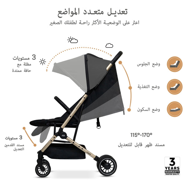 Neobreez – Litex Compact Cabin Stroller Travel Stroller – Grey Black With Gold Frame