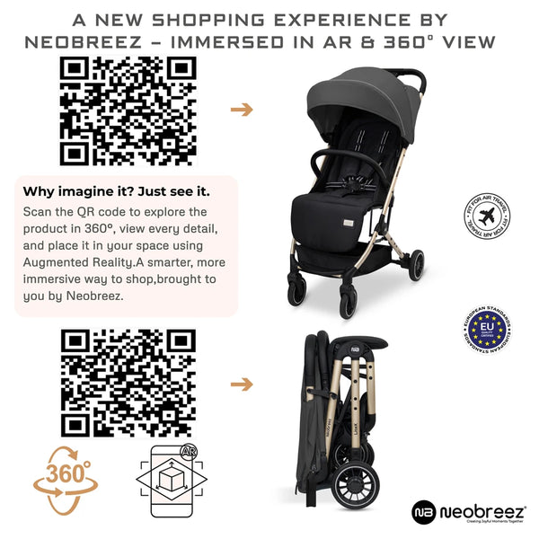 Neobreez – Litex Compact Cabin Stroller Travel Stroller – Grey Black With Gold Frame