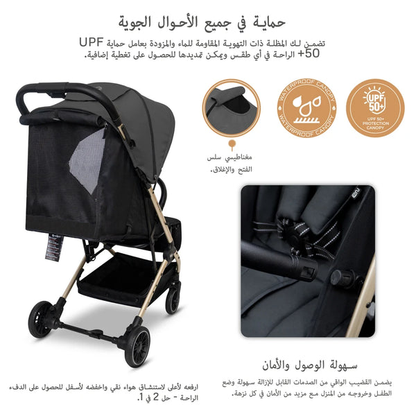 Neobreez – Litex Compact Cabin Stroller Travel Stroller – Grey Black With Gold Frame