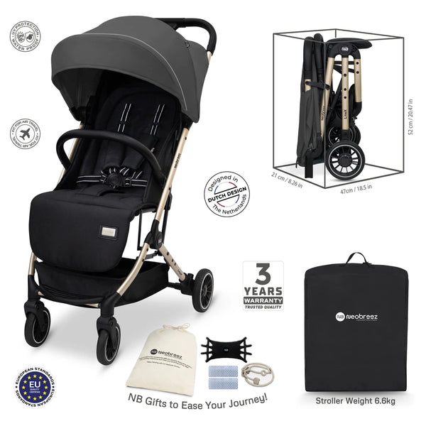 Neobreez – Litex Compact Cabin Stroller Travel Stroller – Grey Black With Gold Frame