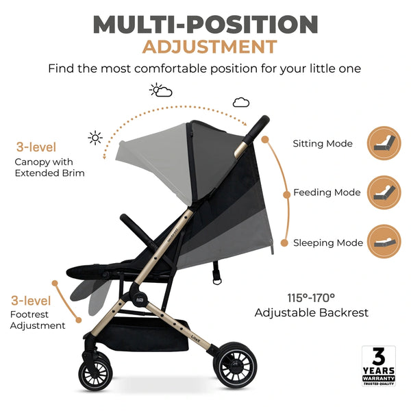 Neobreez – Litex Compact Cabin Stroller Travel Stroller – Grey Black With Gold Frame