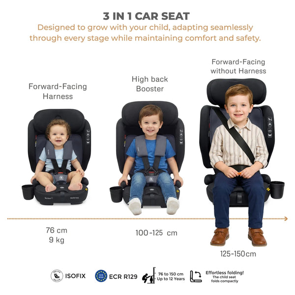 Neobreez - i-Gento Compact Foldable Travel Car seat with Isofix Group 1/2/3 - Black Grey