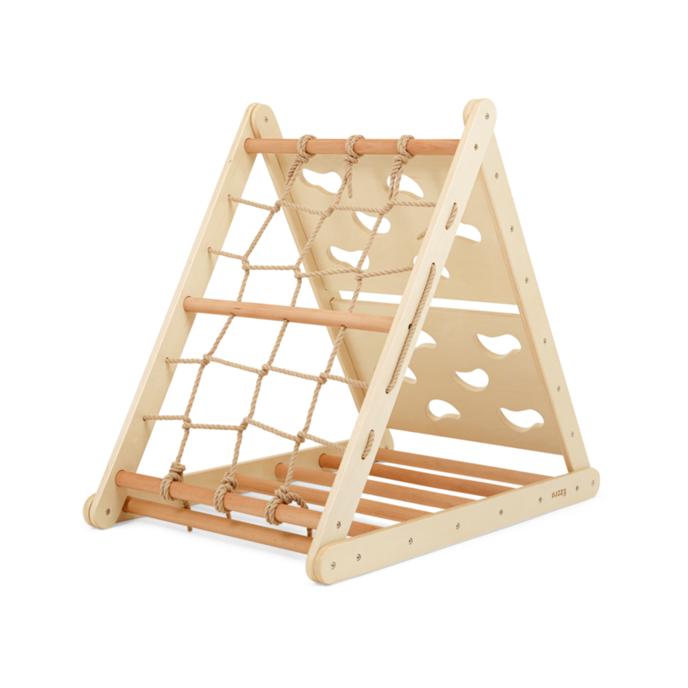 Ezzro Triple Climbing Triangle Pikler w/ Rock Ramp /Slide - Natural