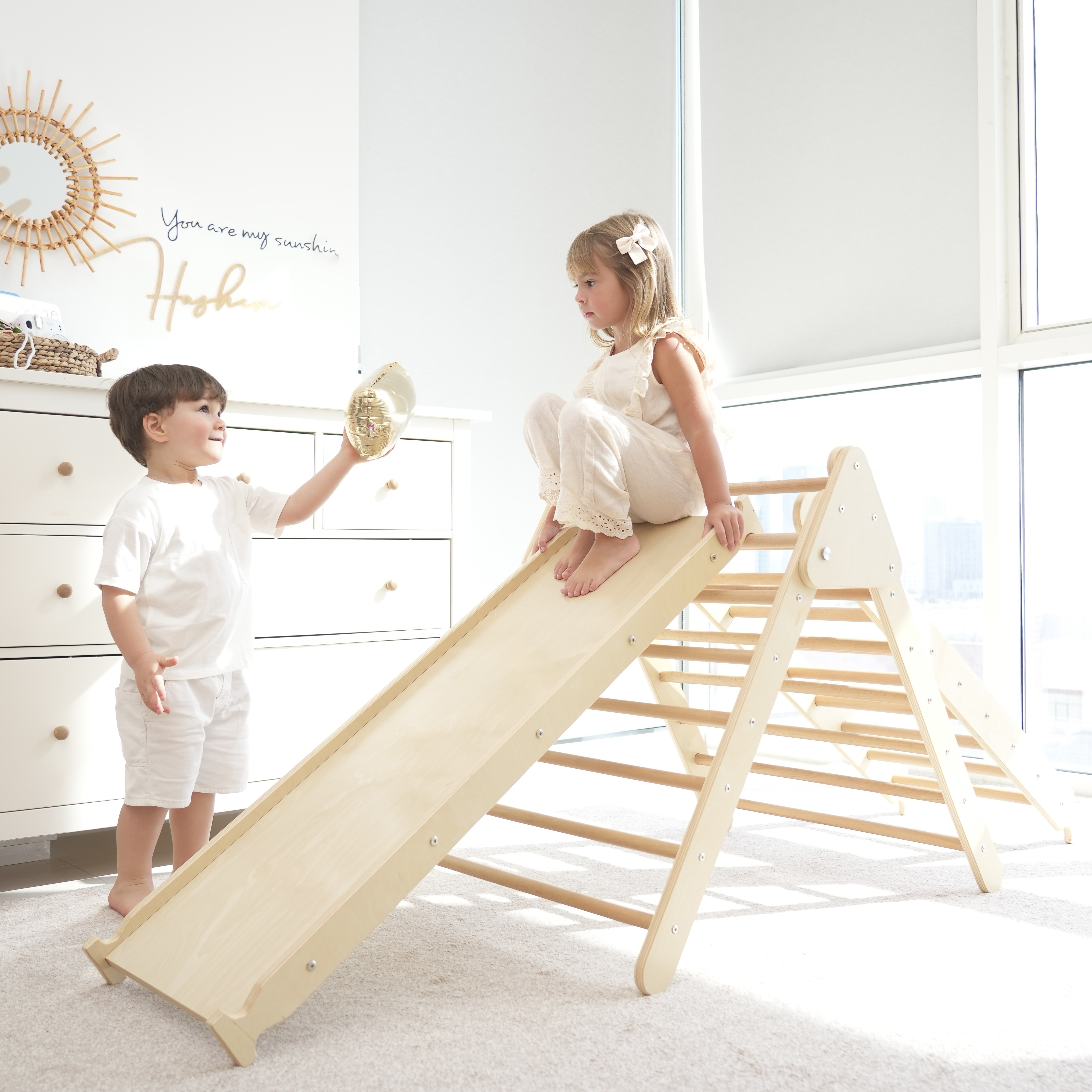 Natural Climbing Pikler with Ladder & Ramp Slide – Large
