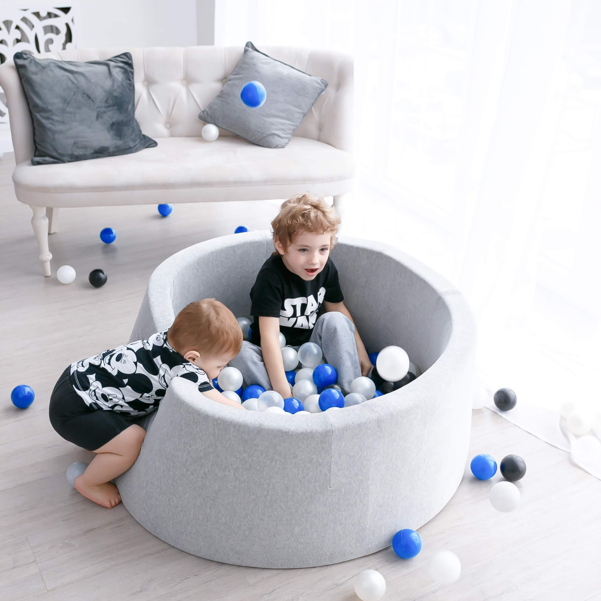 Ezzro – Round Ball Pit – Velvet Grey Melange – 90X40 W100 Balls (White, Light Grey, Black)