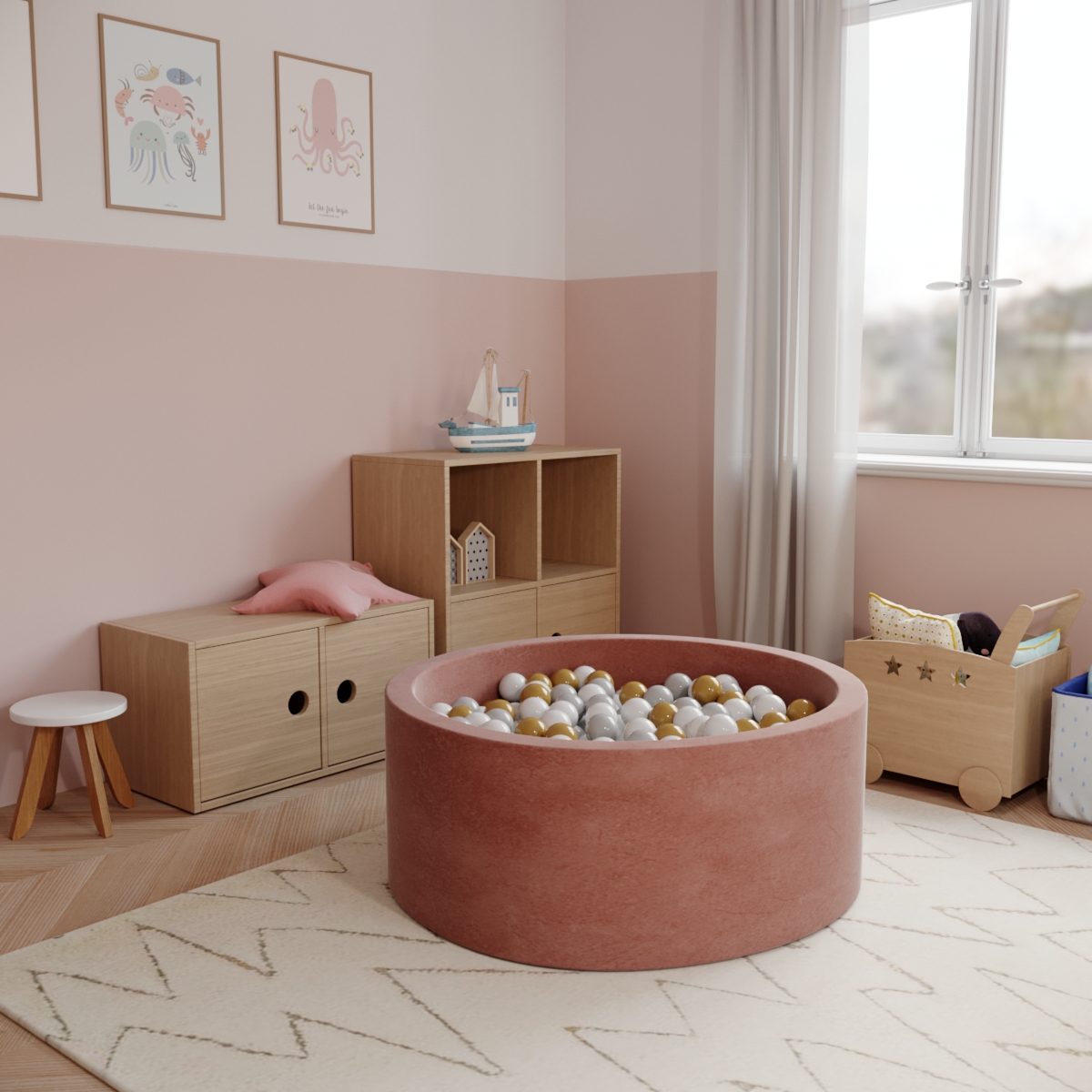 Ezzro - Round Ball Pit - Velvet Marsala - 90X40 W100 Balls (White, Light Grey, Golden)