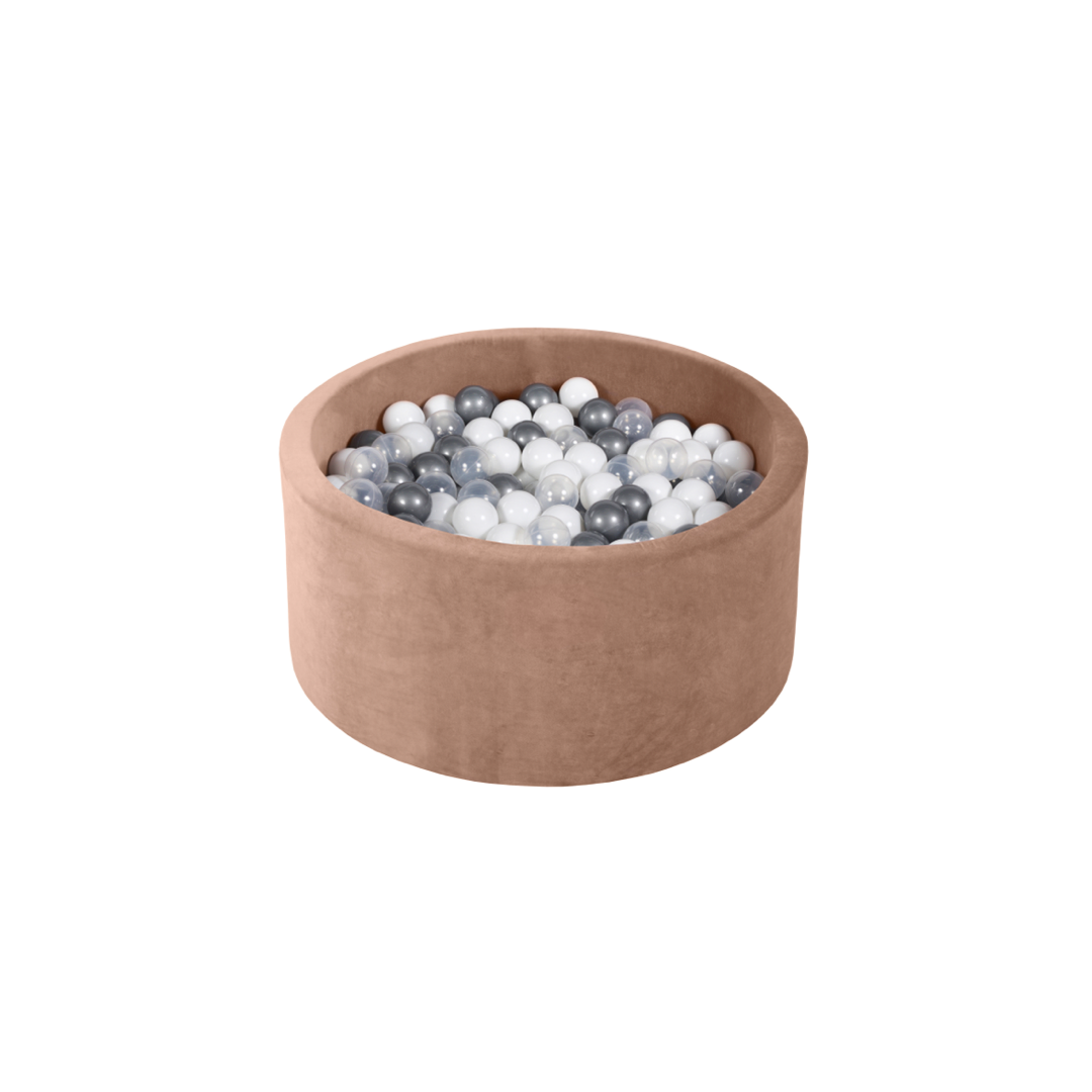 Round Ball Pit - Velvet Mocha - 90X40 W100 Balls (White, Transparent, Silver)