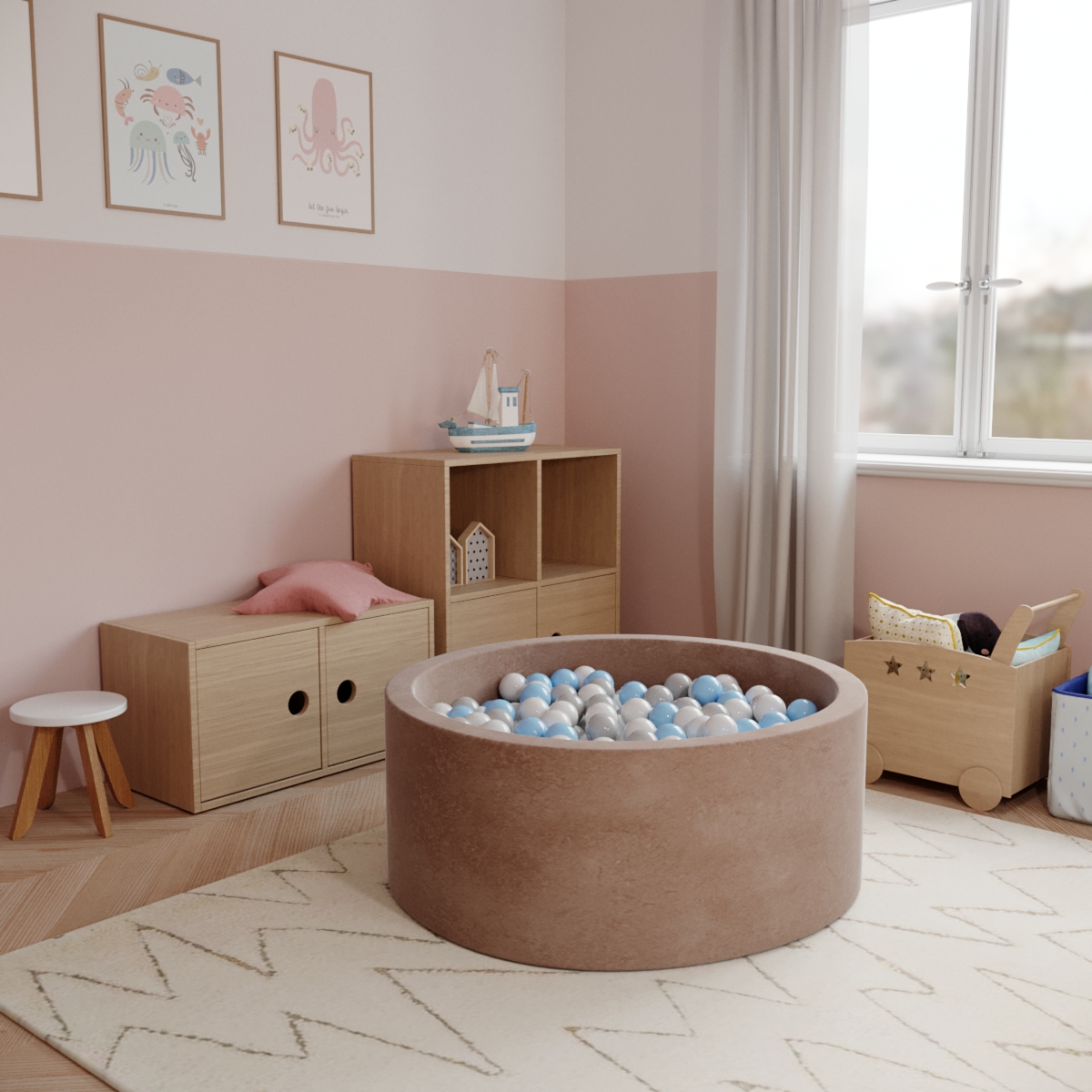 Round Ball Pit - Velvet Mocha - 90X40 W100 Balls (White, Transparent, Silver)