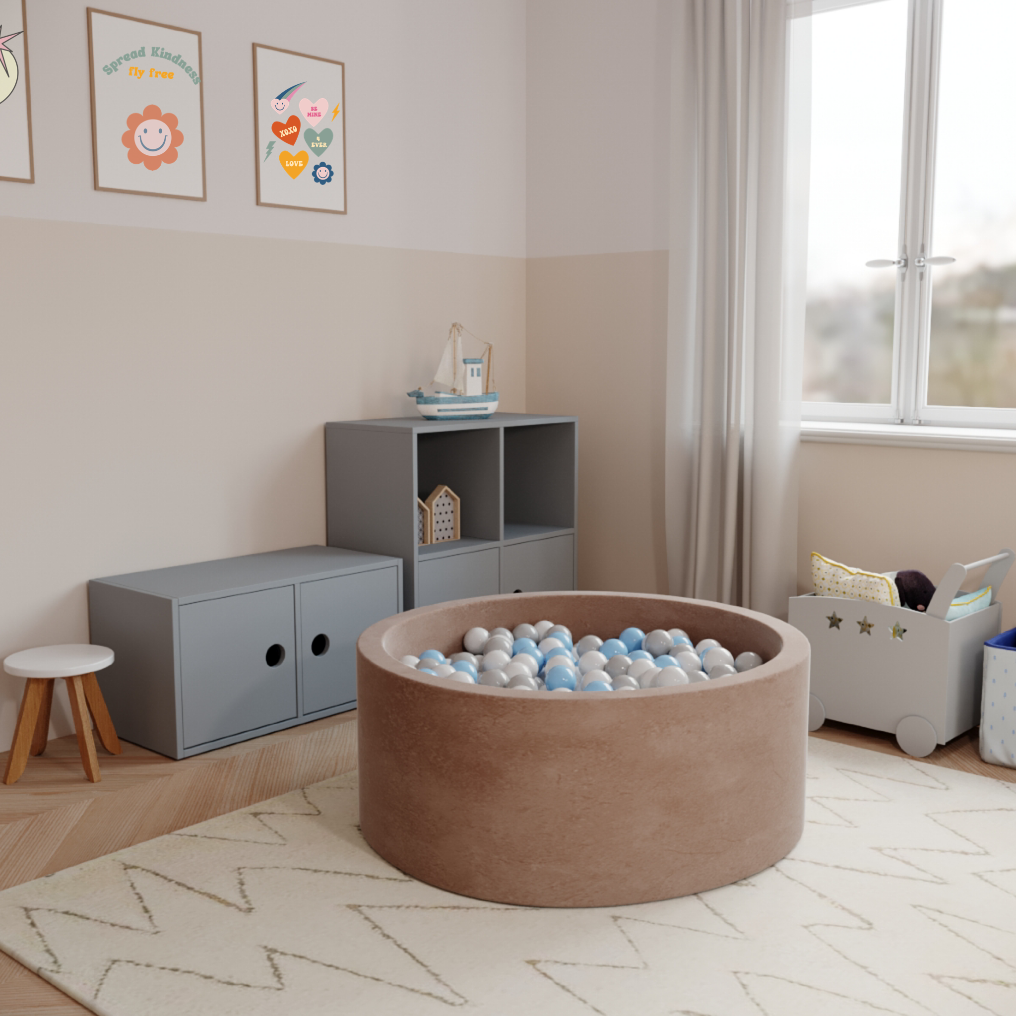 Round Ball Pit - Velvet Mocha - 90X40 W100 Balls (White, Transparent, Light Grey, Baby Blue, Ivory)