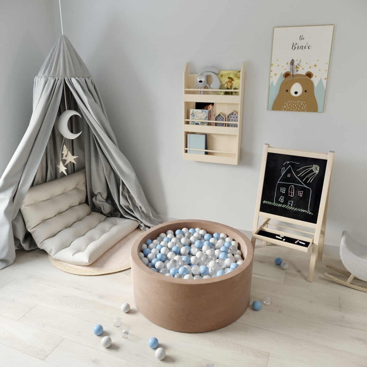 Round Ball Pit - Velvet Mocha - 90X40 W200 Balls (White, Transparent, Light Grey, Baby Blue)