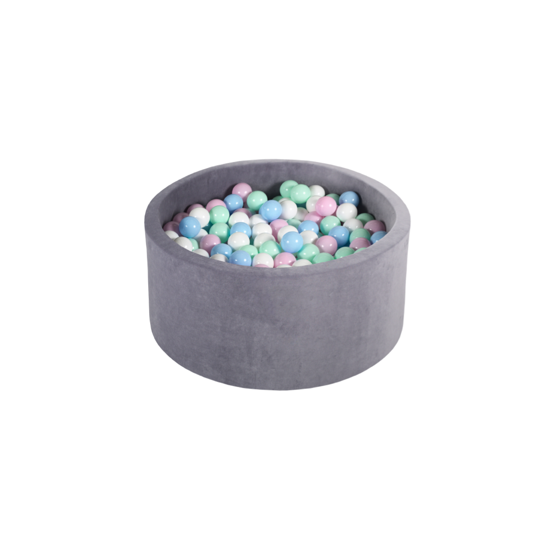 Round Ball Pit - Velvet Silver - 90X40 W100 Balls (White, Baby Blue, Baby Pink, Lime)