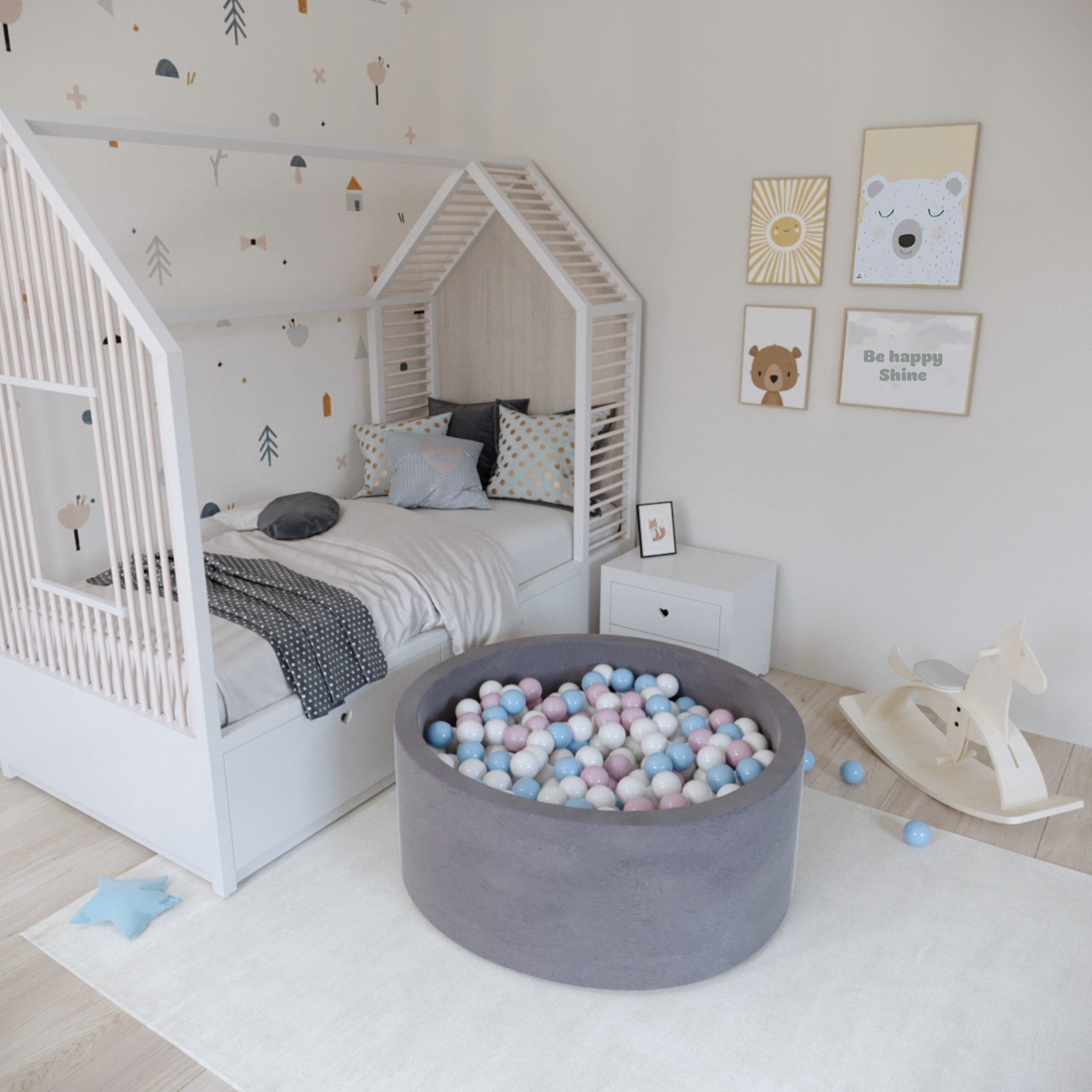 Round Ball Pit - Velvet Silver - 90X40 W100 Balls (White, Baby Blue, Baby Pink, Lime)