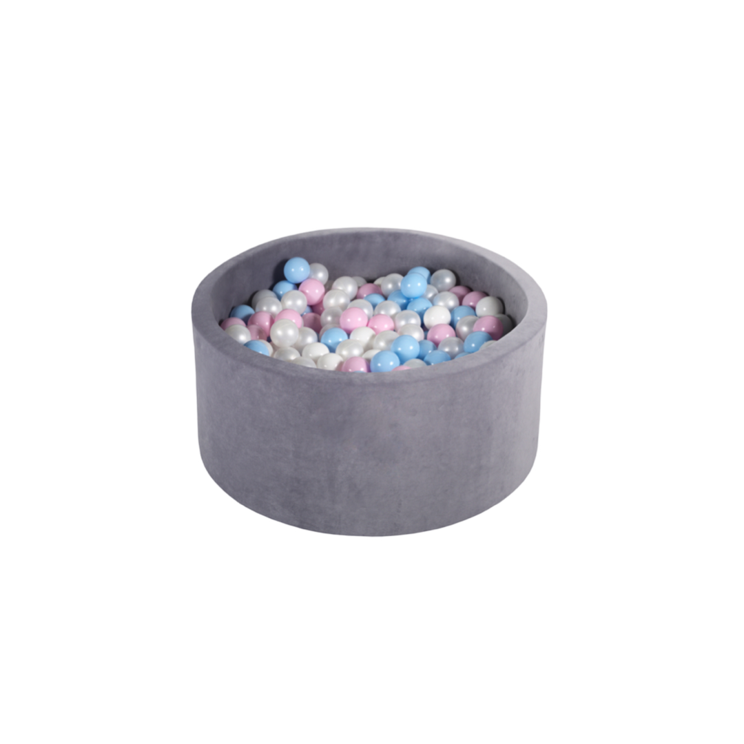Round Ball Pit - Velvet Silver - 90X40 W100 Balls (White, Baby Blue, Baby Pink, Pearl)